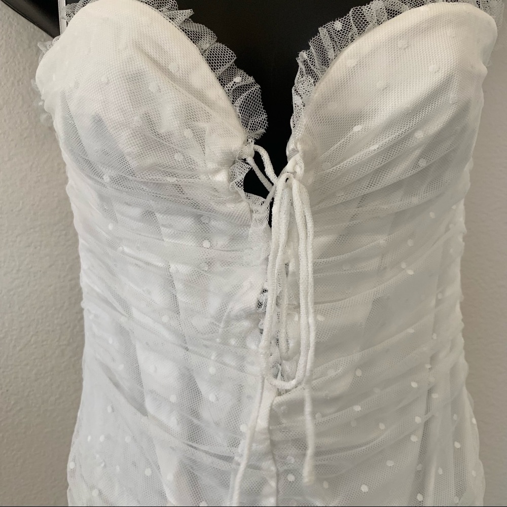 Princess Polly Ayesha White Ruched Polka Dot Ruched Lace Tie Bust Mini Dress - Picture 7 of 13